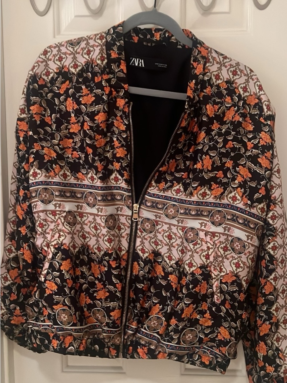 Zara Black Bomber Jacket with Orange Floral Print and Cream Panels